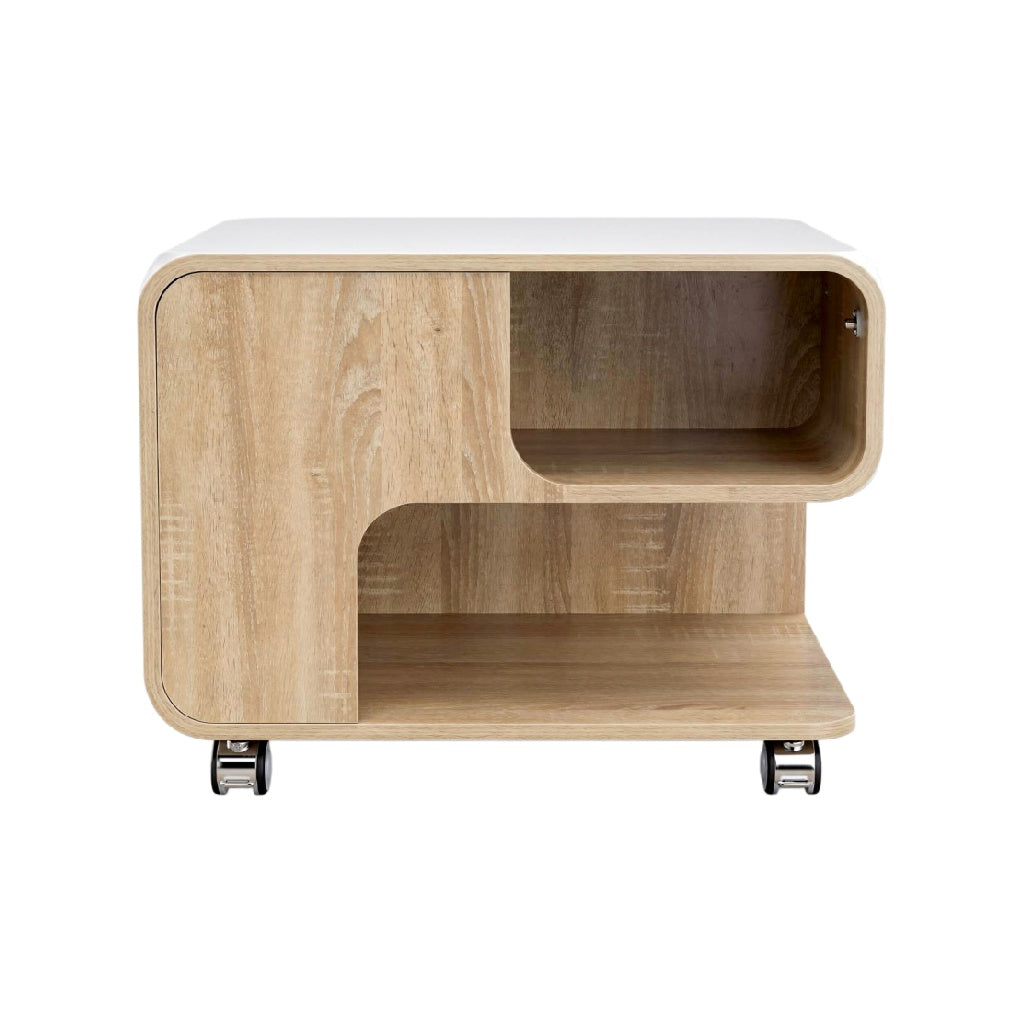 **Polski tytuł techniczny:** Stolik nocny z drewna, z kółkami, minimalistyczny design